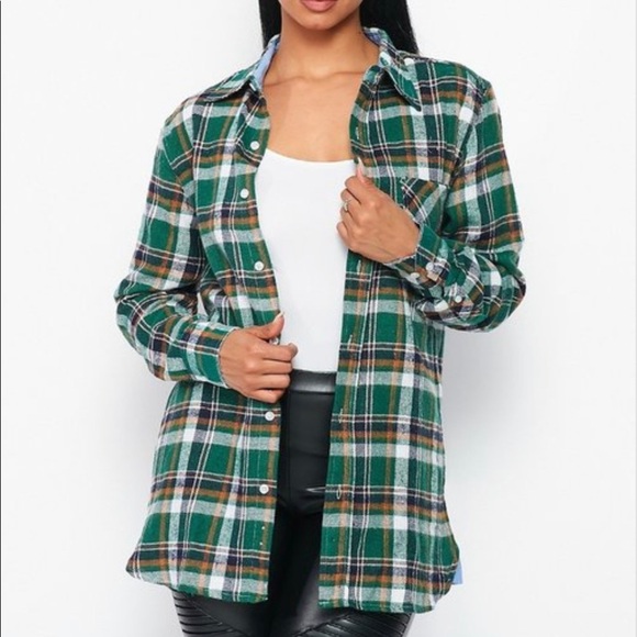 NEW FALL UNISEX TRENDY GREEN MULTI PLAID FLANNEL LONG SLEEVE BUTTON UP SHIRT - Picture 1 of 7
